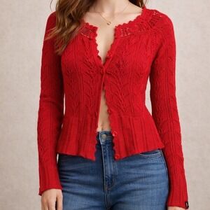 Paul Frank Julius & Friends Cardigan Women M Red Excellent Wool Angora Pointelle